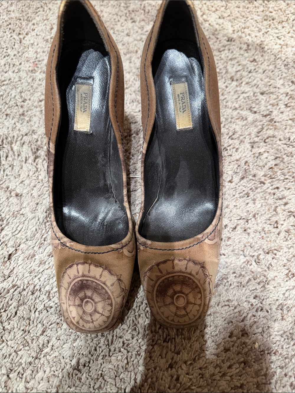 Prada Brown Suede Embroidered Medallion Pumps